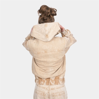 Alis Cochet Hooded Denim Jacket w/Sleeve Embroidery Faded Sand